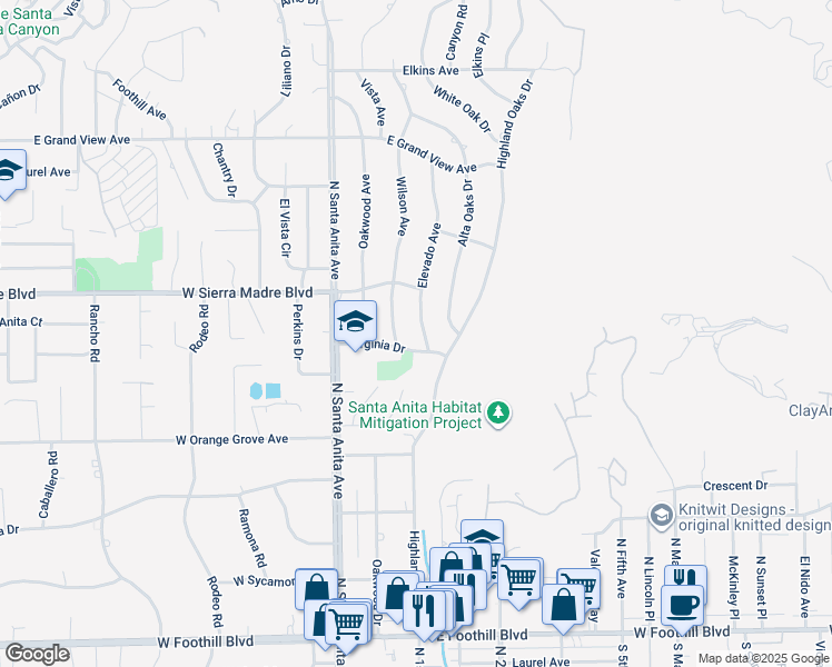 map of restaurants, bars, coffee shops, grocery stores, and more near 1637 Elevado Avenue in Arcadia