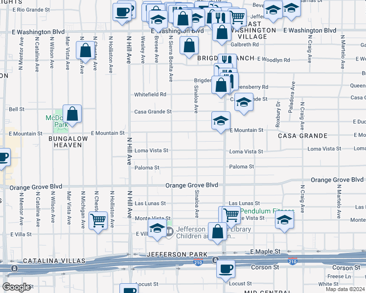map of restaurants, bars, coffee shops, grocery stores, and more near 1635 Loma Vista Street in Pasadena