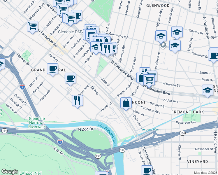 map of restaurants, bars, coffee shops, grocery stores, and more near 1010 Zook Drive in Glendale