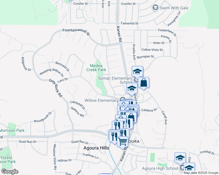 map of restaurants, bars, coffee shops, grocery stores, and more near 29087 Saddlebrook Drive in Agoura Hills