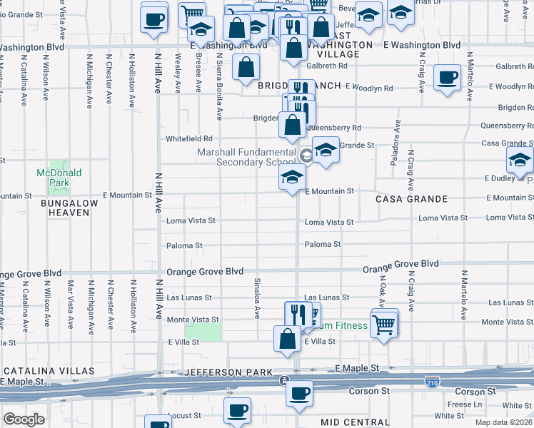 map of restaurants, bars, coffee shops, grocery stores, and more near 1749 Loma Vista Street in Pasadena