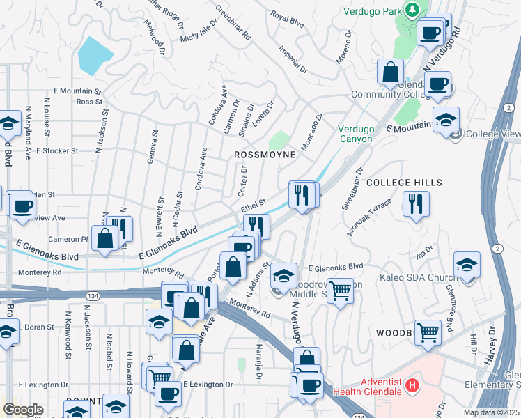 map of restaurants, bars, coffee shops, grocery stores, and more near 1116 Ethel Street in Glendale