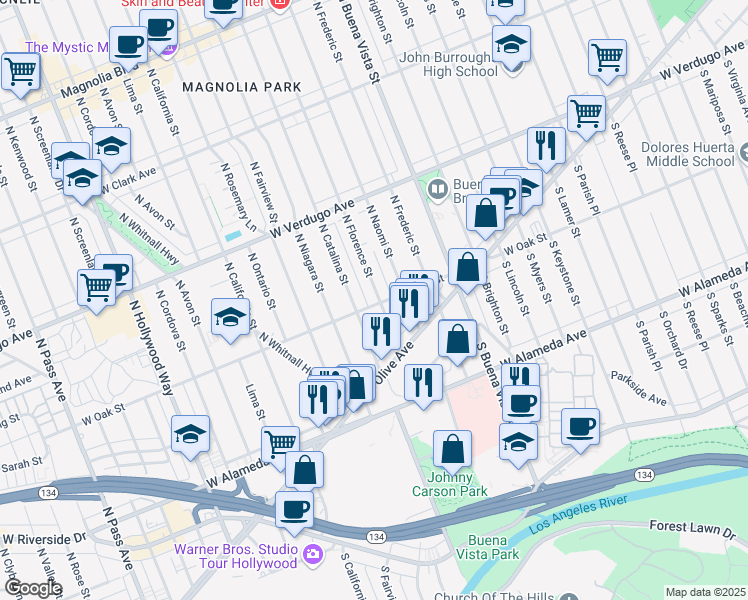 map of restaurants, bars, coffee shops, grocery stores, and more near 219 North Florence Street in Burbank