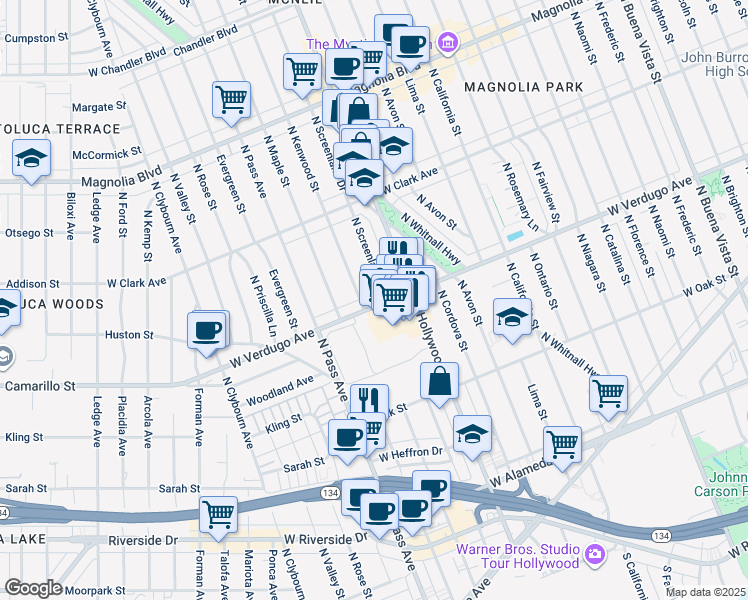 map of restaurants, bars, coffee shops, grocery stores, and more near 612 North Kenwood Street in Burbank