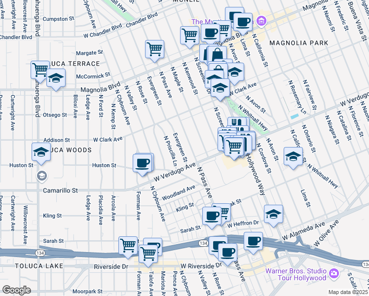 map of restaurants, bars, coffee shops, grocery stores, and more near 637 North Pass Avenue in Burbank