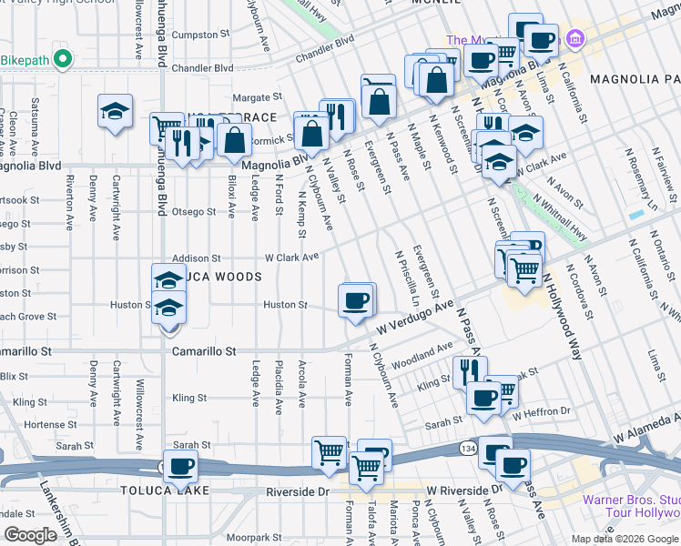 map of restaurants, bars, coffee shops, grocery stores, and more near 4965 Clybourn Avenue in Los Angeles