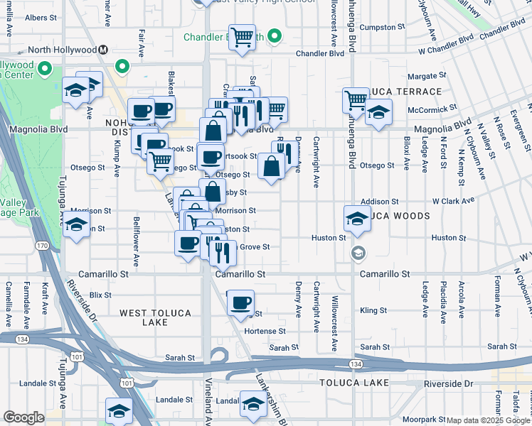 map of restaurants, bars, coffee shops, grocery stores, and more near 10815 Morrison Street in Los Angeles