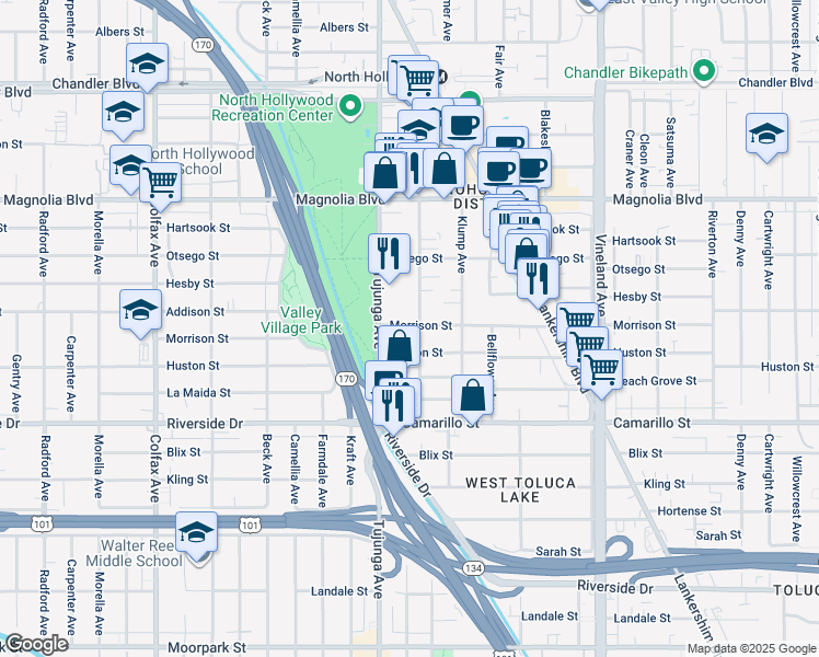 map of restaurants, bars, coffee shops, grocery stores, and more near 5002 Tujunga Avenue in Los Angeles
