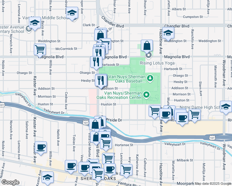 map of restaurants, bars, coffee shops, grocery stores, and more near 14350 Addison Street in Los Angeles