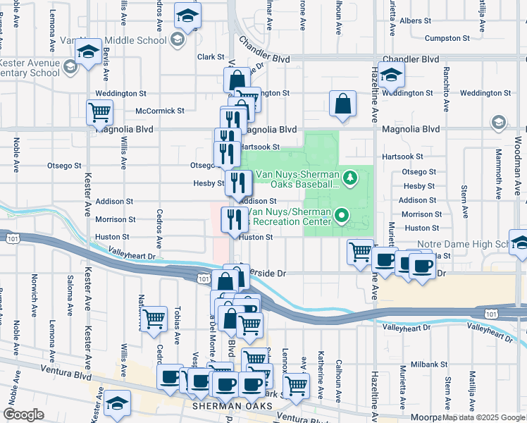 map of restaurants, bars, coffee shops, grocery stores, and more near 14426 Addison Street in Los Angeles