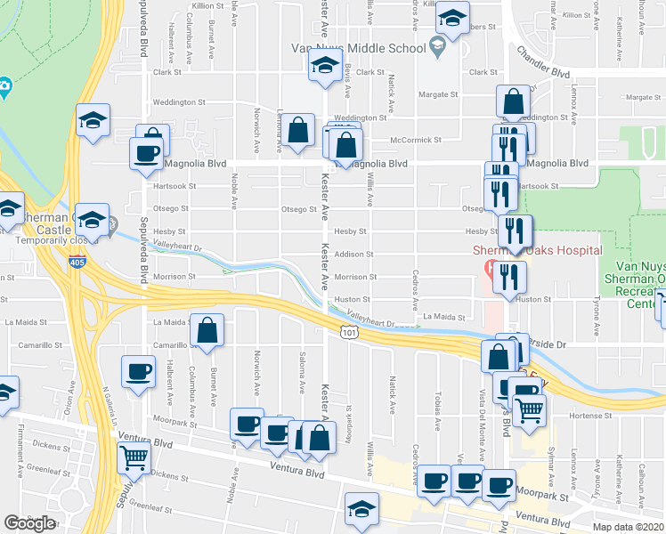 map of restaurants, bars, coffee shops, grocery stores, and more near 14838 Addison Street in Los Angeles