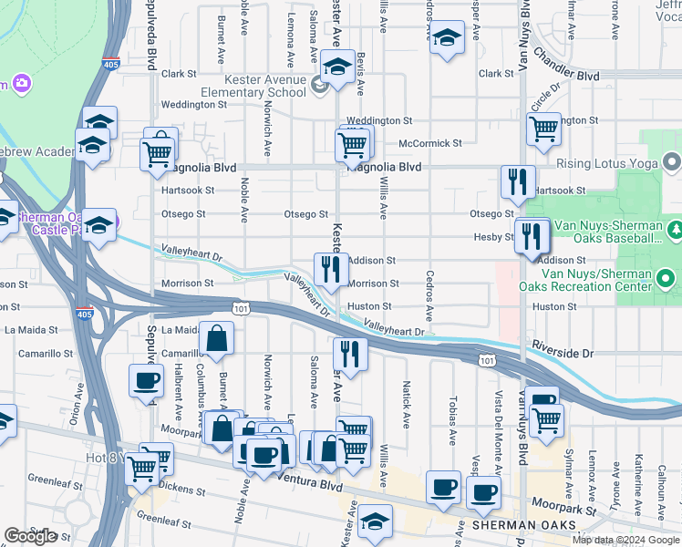 map of restaurants, bars, coffee shops, grocery stores, and more near 4975 Kester Avenue in Los Angeles