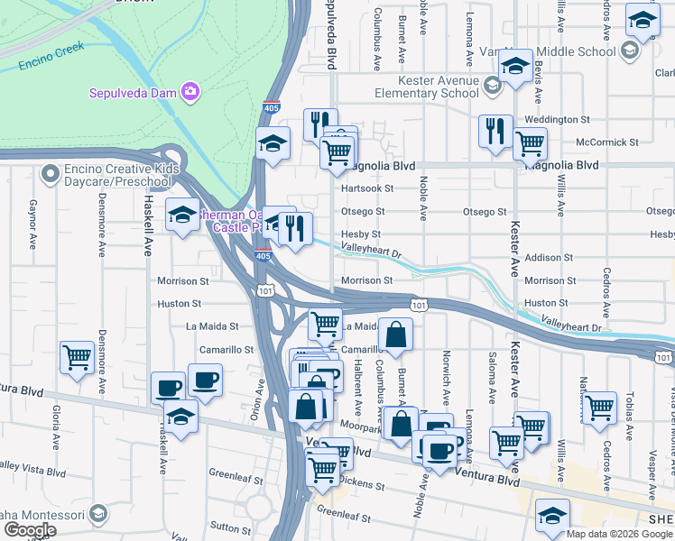 map of restaurants, bars, coffee shops, grocery stores, and more near 15242 Valleyheart Drive in Los Angeles