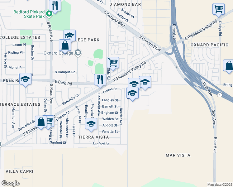 map of restaurants, bars, coffee shops, grocery stores, and more near 2124 Curran Street in Oxnard