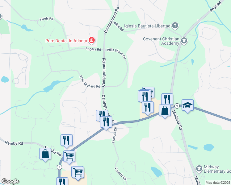 map of restaurants, bars, coffee shops, grocery stores, and more near 5650 Wills Wood Circle in Cumming