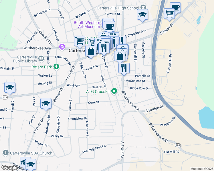 map of restaurants, bars, coffee shops, grocery stores, and more near 110 South Avenue in Cartersville