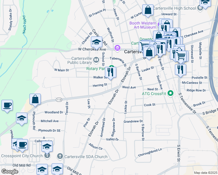 map of restaurants, bars, coffee shops, grocery stores, and more near 603 West Avenue in Cartersville