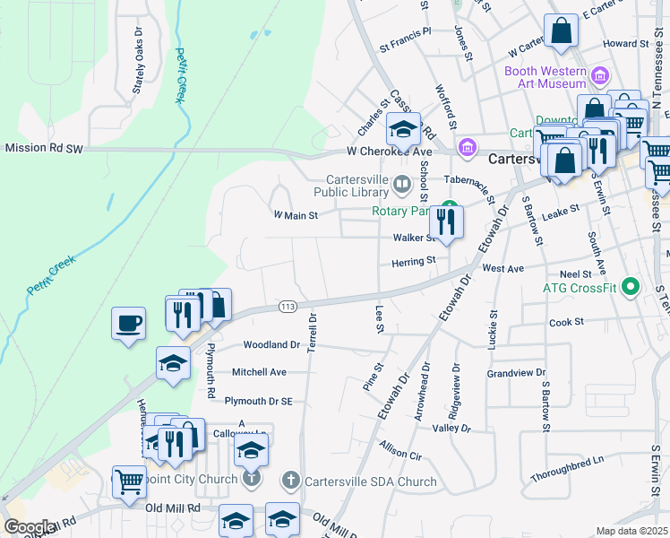 map of restaurants, bars, coffee shops, grocery stores, and more near 721 West Avenue in Cartersville