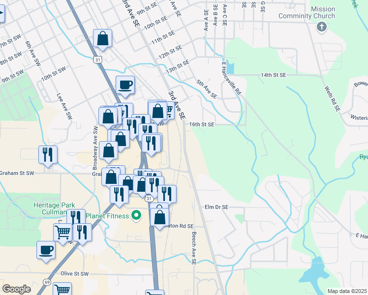 map of restaurants, bars, coffee shops, grocery stores, and more near 3RD Avenue A Southeast in Cullman