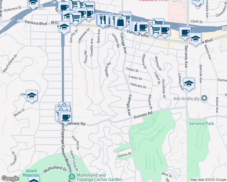 map of restaurants, bars, coffee shops, grocery stores, and more near 21520 Velicata Street in Los Angeles
