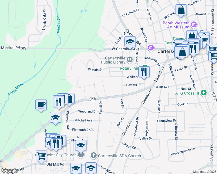 map of restaurants, bars, coffee shops, grocery stores, and more near 721 West Avenue in Cartersville