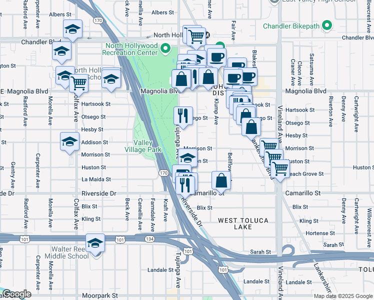 map of restaurants, bars, coffee shops, grocery stores, and more near 5002 Tujunga Avenue in Los Angeles