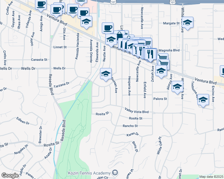 map of restaurants, bars, coffee shops, grocery stores, and more near 5009 Doman Avenue in Los Angeles