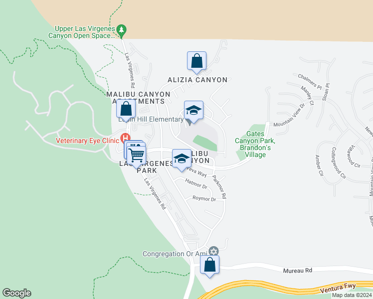 map of restaurants, bars, coffee shops, grocery stores, and more near 5703 Parkmor Road in Calabasas