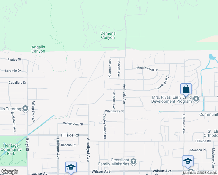 map of restaurants, bars, coffee shops, grocery stores, and more near 9590 Hidden Farm Road in Rancho Cucamonga