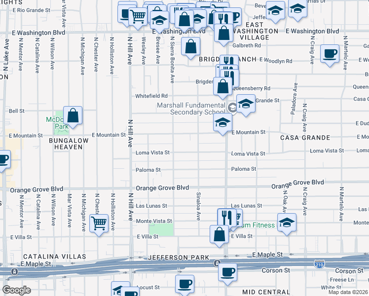 map of restaurants, bars, coffee shops, grocery stores, and more near 1635 Loma Vista Street in Pasadena