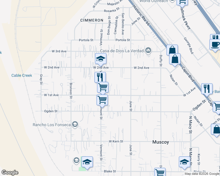 map of restaurants, bars, coffee shops, grocery stores, and more near 2348 West 1st Avenue in Muscoy