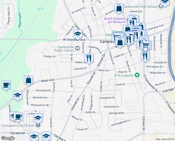 map of restaurants, bars, coffee shops, grocery stores, and more near 603 West Avenue in Cartersville