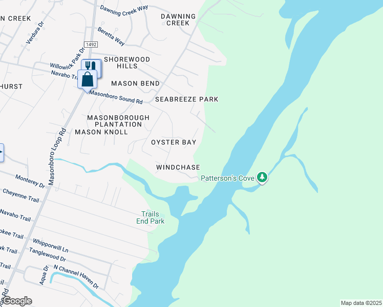 map of restaurants, bars, coffee shops, grocery stores, and more near 221 Oyster Bay Lane in Wilmington