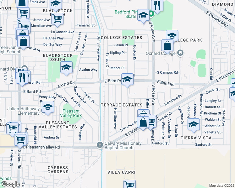 map of restaurants, bars, coffee shops, grocery stores, and more near 4320 Hamilton Avenue in Oxnard