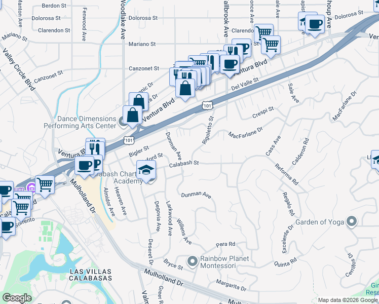 map of restaurants, bars, coffee shops, grocery stores, and more near 4951 Rigoletto Street in Los Angeles