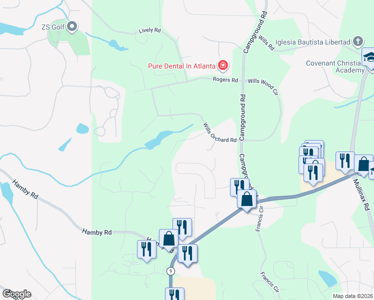 map of restaurants, bars, coffee shops, grocery stores, and more near 5855 Wills Lake Road in Cumming