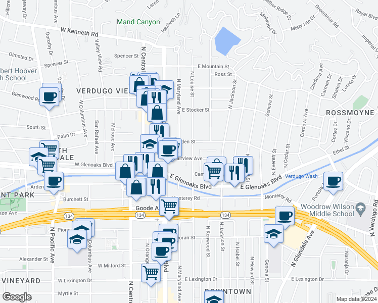 map of restaurants, bars, coffee shops, grocery stores, and more near 1011 North Louise Street in Glendale