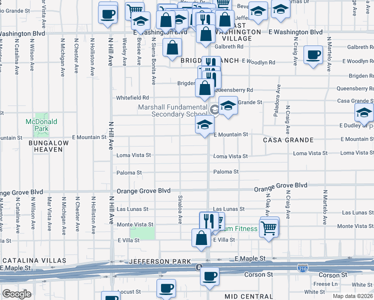 map of restaurants, bars, coffee shops, grocery stores, and more near 1749 Loma Vista Street in Pasadena