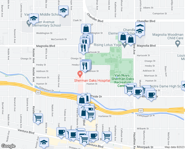 map of restaurants, bars, coffee shops, grocery stores, and more near 14426 Addison Street in Los Angeles