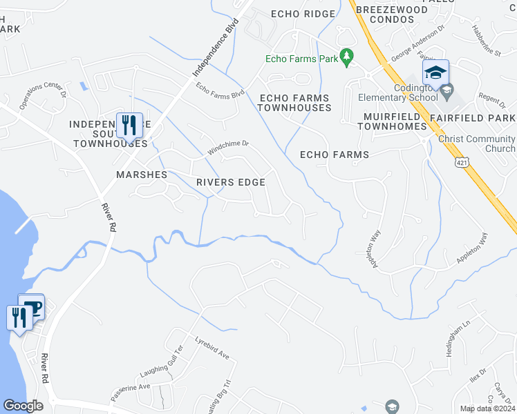 map of restaurants, bars, coffee shops, grocery stores, and more near 4105 Berberis Way in Wilmington