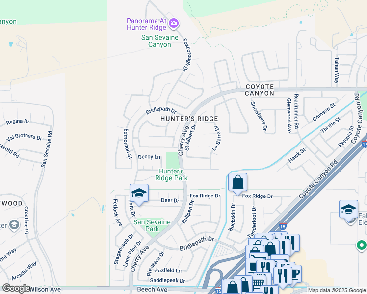 map of restaurants, bars, coffee shops, grocery stores, and more near 5132 Saint Albert Drive in Fontana