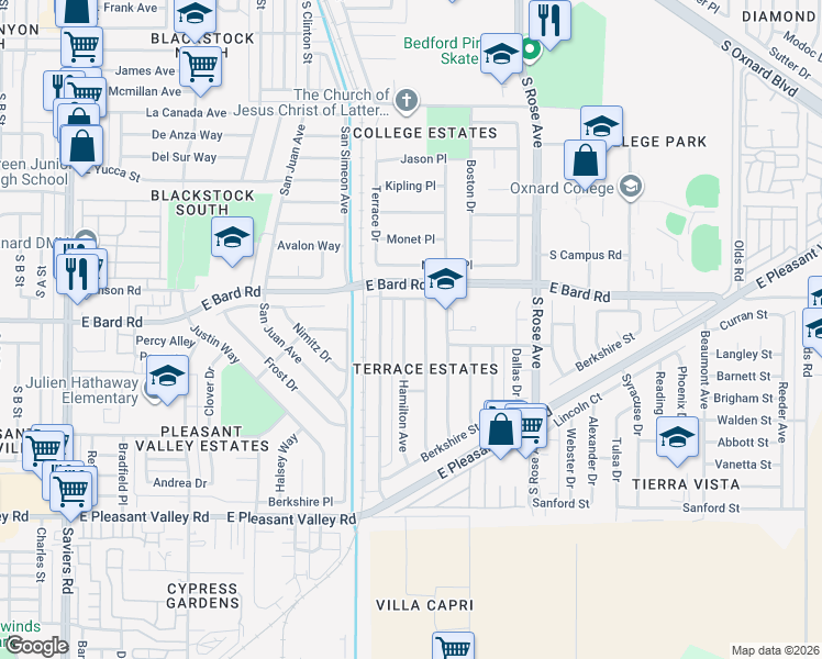 map of restaurants, bars, coffee shops, grocery stores, and more near 4320 Hamilton Avenue in Oxnard
