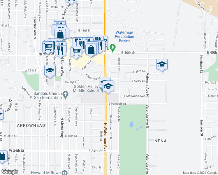 map of restaurants, bars, coffee shops, grocery stores, and more near 325 Echo Court East in San Bernardino