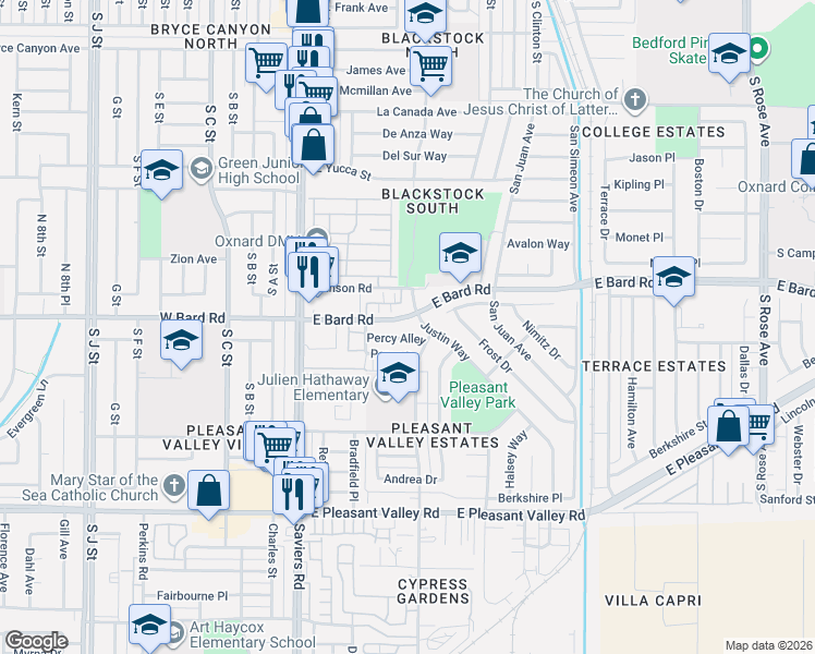 map of restaurants, bars, coffee shops, grocery stores, and more near 510 East Bard Road in Oxnard