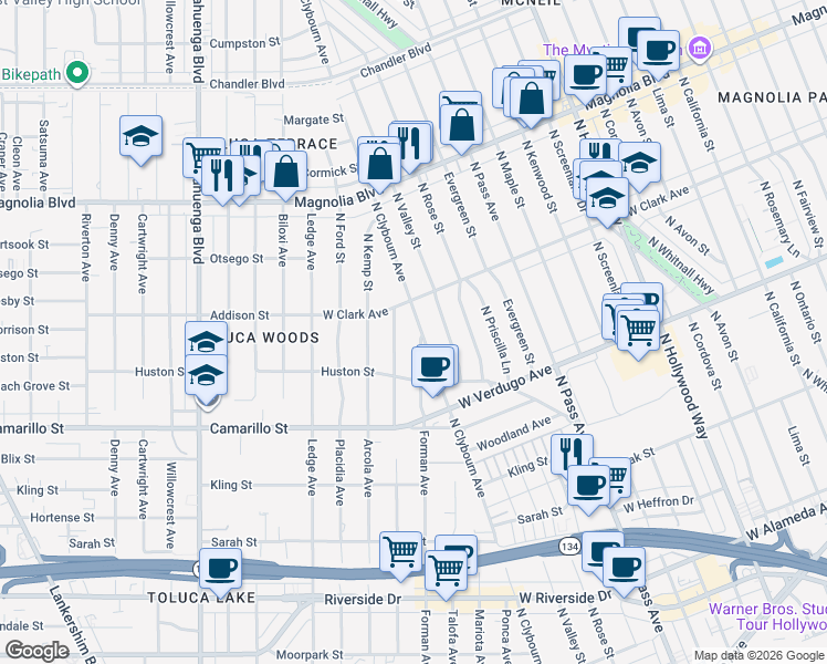 map of restaurants, bars, coffee shops, grocery stores, and more near 4965 Clybourn Avenue in Los Angeles
