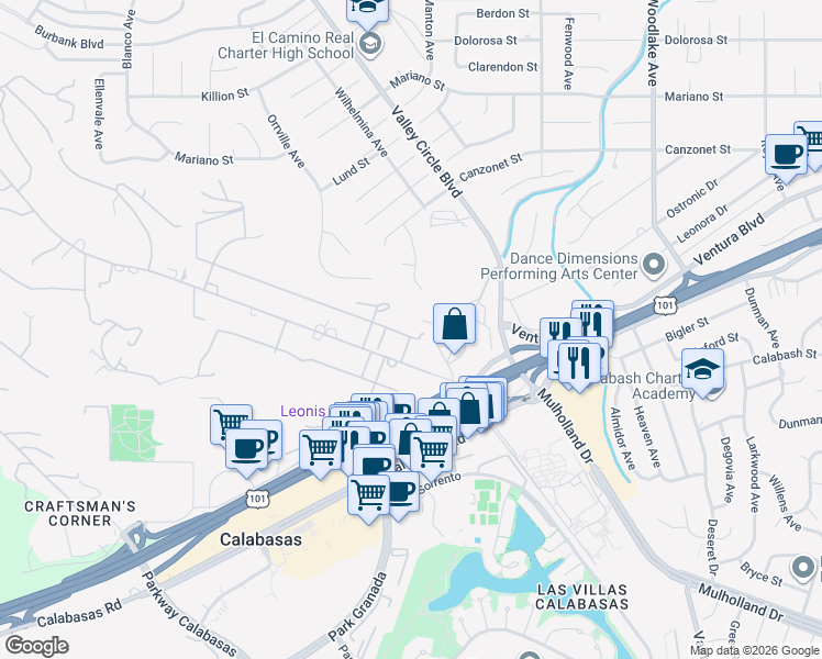 map of restaurants, bars, coffee shops, grocery stores, and more near 23621 Long Valley Road in Hidden Hills