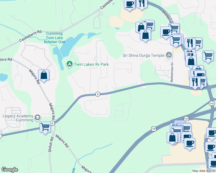 map of restaurants, bars, coffee shops, grocery stores, and more near 2894 Cross Creek Court in Cumming