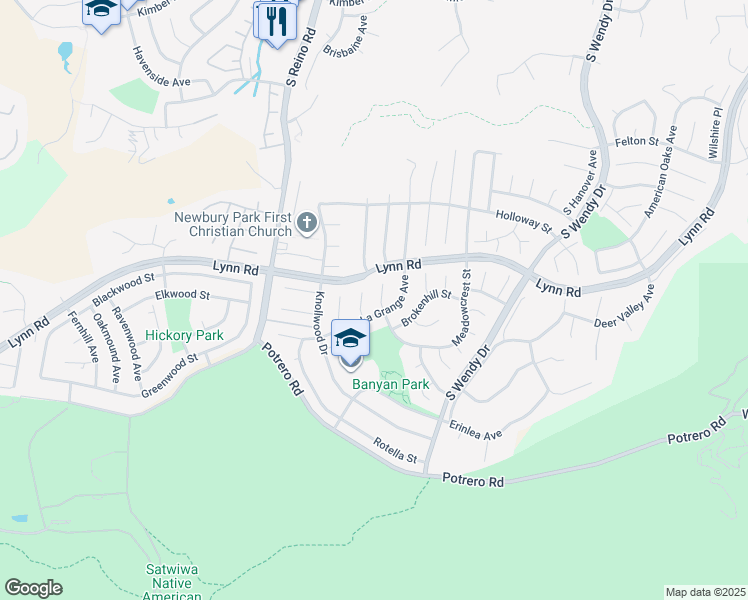 map of restaurants, bars, coffee shops, grocery stores, and more near 975 South Pons Court in Thousand Oaks