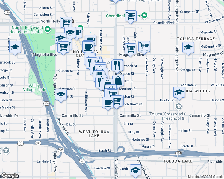 map of restaurants, bars, coffee shops, grocery stores, and more near 11000 Morrison Street in Los Angeles