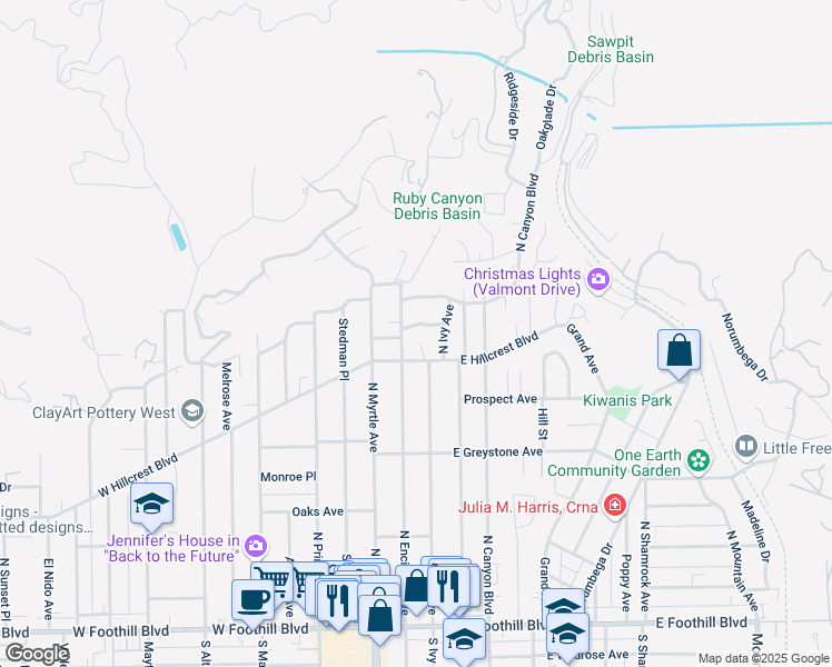 map of restaurants, bars, coffee shops, grocery stores, and more near 156 Seymour Place in Monrovia
